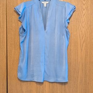 Nine West Silk Blue V-Neck Blouse with Flutter Sleeves